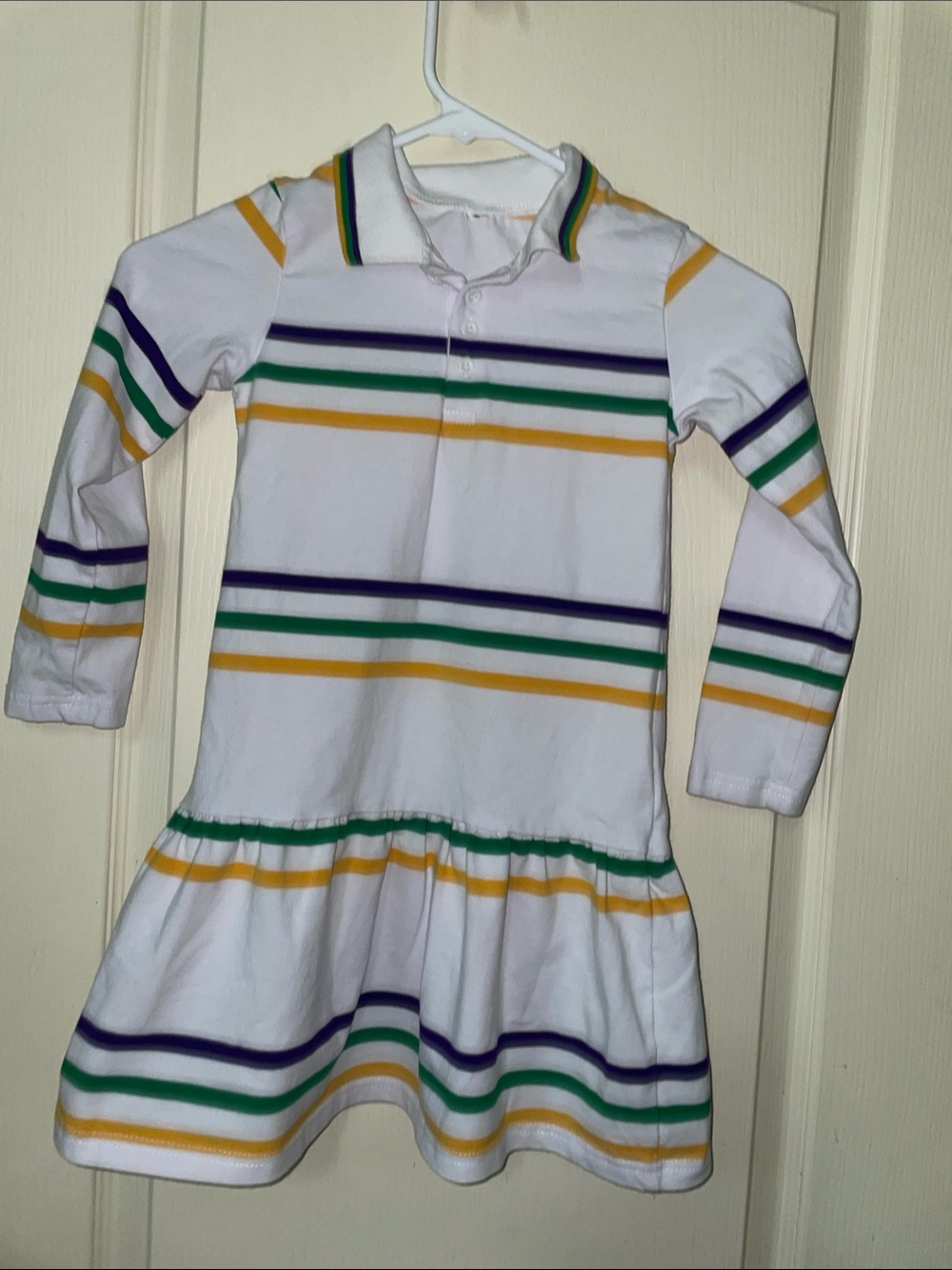 Girls' White w/ yellow  green and purple Polo Stripe Long-Sleeve Dress size 6